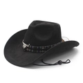 Classic black faux suede cowboy hat with ethnic woven band and silver bull head ornament - M (56-58cm) / Black