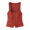 Red square neck vest with four buttons and flap pockets on a clean white background - XS / Brick Red