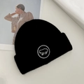 Classic black knitted beanie hat with a round animal embroidery patch in streetwear style - 55-59CM / Black