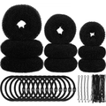 Complete hair styling set with black bun donuts, hair elastics, and metal U-shaped hair pins - 53-Piece Black Set / Black
