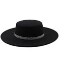 Elegant black wool jazz hat with sparkling rhinestone band and flat top design - M(56-58cm) / Black