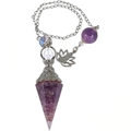 Antique silver amethyst dowsing pendulum with purple crystal hex prism and lotus charm - New Silver Crown Amethyst + Lotus Chain