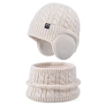 Kids warm winter knitted beanie and neck warmer set in cream white with cable knit pattern - 2-Piece Set - Two-Tone Beige