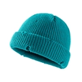 Teal blue ribbed knit beanie featuring distressed ripped details and a folded brim edge - Lake Blue