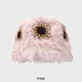 Chapeau bob en peluche rose avec décorations de tournesols faits à la main au crochet - M (54-58cm) / Rose