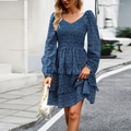 Blue floral long sleeve V-neck dress with ruffled hem and shirred waist for autumn vacation - S / Blue