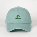 Close-up of cute yoga frog embroidery on light green cotton adjustable baseball cap - One Size / Aqua Green