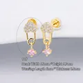 Golden heart stud earring with micro-pave crystals and a pink round gem dangle - B03310h Gold Pink Zircon Heart Pendant 10#