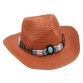 Close-up of orange straw cowboy hat featuring bohemian beaded band and turquoise stone - Caramel color