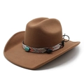 Brown vintage wool felt cowboy hat with ethnic beaded band and turquoise accents - M (56-58cm) / Khaki