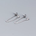 S925 sterling silver drop earrings with round zircon and hanging chain in silver finish - Platinum (White Stone)