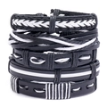 Mehrlagiges geflochtenes Lederarmband Set in Schwarz und Weiß mit Texturen - 5-teiliges Set / Schwarz/Weiß
