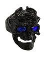Gothic skull ring in black plated finish featuring dual oval blue gemstone eyes - Black Blue Eye Skull