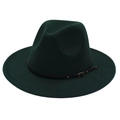 Detail of dark green felt fedora hat featuring a black leather belt with metal buckle - Dark Green (Small Black Leather Belt)