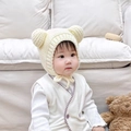 Creamy beige baby knit bonnet with cute bear ears and secure tie closure for warmth - Milk White Small Ears - Lined