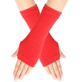 Detailed close-up of red knitted fingerless gloves showing fine fabric texture and cross pose - One Size / Red