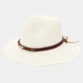 Straw sun hat with ethnic feather band and frayed edges for beach vacation - M (56-58cm) / Ivory