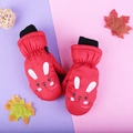 Waterproof red winter mittens for kids featuring a cute cartoon rabbit and ribbed cuffs - One Size / Red Rabbit / 6-10 Years