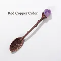 Cuchara de cobre antiguo con cristal de amatista púrpura y cabeza tallada en hoja - Amatista - Cobre Rojo