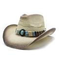 Western straw cowboy hat with bohemian turquoise beaded band and vintage brim finish - M (56-58cm) / Bohemian Turquoise Buckle Style (4)