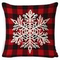 Linen Christmas pillow cover with red and black buffalo plaid pattern and white snowflake - A-34