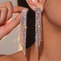 Luxurious long tassel rhinestone earrings in sparkling AB color finish for women - AB Rainbow Silver Base Long Tassel (DTE1616760S-WAB)