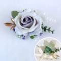 Elegant lavender faux rose boutonniere with golden leaves and fine silk ribbon detail - Corsage / White Purple
