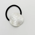 Elastic hair tie with a round silver-tone metal geometric charm on black rubber band - Matte Silver - Grid Round