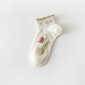 White cotton low-cut socks with green ruffled edges and cute floral tulip bear embroidery - White Tulip - Ankle