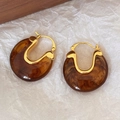 Detail view of U-shaped gold earrings with brown marble resin and S925 hallmark - Ear Hoop-Gold Brown Marble (34#)