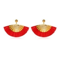 Bohemian fan-shaped earrings with red silk tassels and golden metal decorative studs - Red Fan Shape (4126)