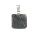 Square dark green natural crystal pendant with silver clasp on white background - Moss Agate