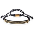 Mens woven black cord bracelet with gold crown bar and inlaid black zircon stones - Gold Curved Tube