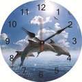 Silent wooden wall clock featuring a jumping dolphin ocean scene and Arabic numerals - Dolphin Leap