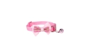 Detail of pink plaid pet collar with adjustable plastic buckle and metal bell accessory - Pink