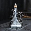 Dark brown ceramic backflow incense burner with waterfall smoke effect and round base - Layered Courtyard Mountain View