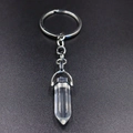 Macro detail of a hexagonal crystal column pendant with a silver metal keychain ring - Clear White