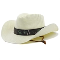 Détail d'un chapeau de cowboy en paille crème avec broderie florale et cordon ajustable - Blanc Cassé