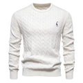 Close-up of white cable knit sweater featuring minimalist giraffe embroidery on the chest - S / Off-white
