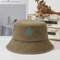Vintage olive green corduroy bucket hat with embroidered teal shamrock clover design - Khaki