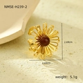 Golden stainless steel sunflower ring with pearl center and artistic floral petal design - Brown Gemstone Flower(NMSR-H239-2)