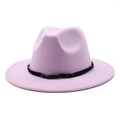 Detail of lavender fedora hat featuring black braided leather band and wool felt texture - Taro Purple