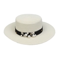 Elegante cappello di paglia a testa piatta avorio con nastro nero, perle e decori floreali - M (56-58cm) / Bordo Piatto Perla (Adulto Avorio)