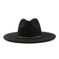 Detail of black wide brim suede fedora hat featuring a slim gold metallic trim band - Black Suede