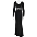 Elegante zwarte nauwsluitende maxi-jurk met transparant mesh-patchwork en een lage hals - S / Zwart
