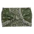 Detail of olive green paisley pattern on soft elastic wide headband for women - Green Paisley