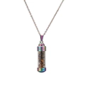 Rainbow stainless steel perfume bottle pendant with brown stones and Greek fret pattern - Tiger Eye Chips