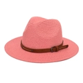 Detail view of pink straw sun hat showing brown leather belt and metallic buckle - M (56-58cm) / Pink