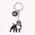 Cute black and white bulldog enamel keychain with heart paw charm and silver metal ring - American Bully (M10204)