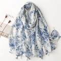 Écharpe imprimée de fleurs bleues avec longues franges et style porcelaine chinoise - 180*85CM / Style Floral en Porcelaine Bleue et Blanche (SL2305-015)